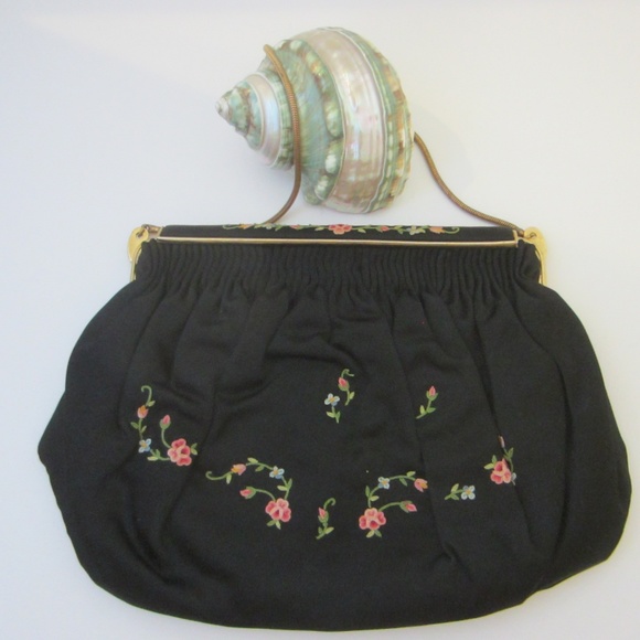 Art Deco Paris Gants Saint Roch Hand Made Black Satin French Embroidered Purse - Picture 1 of 11
